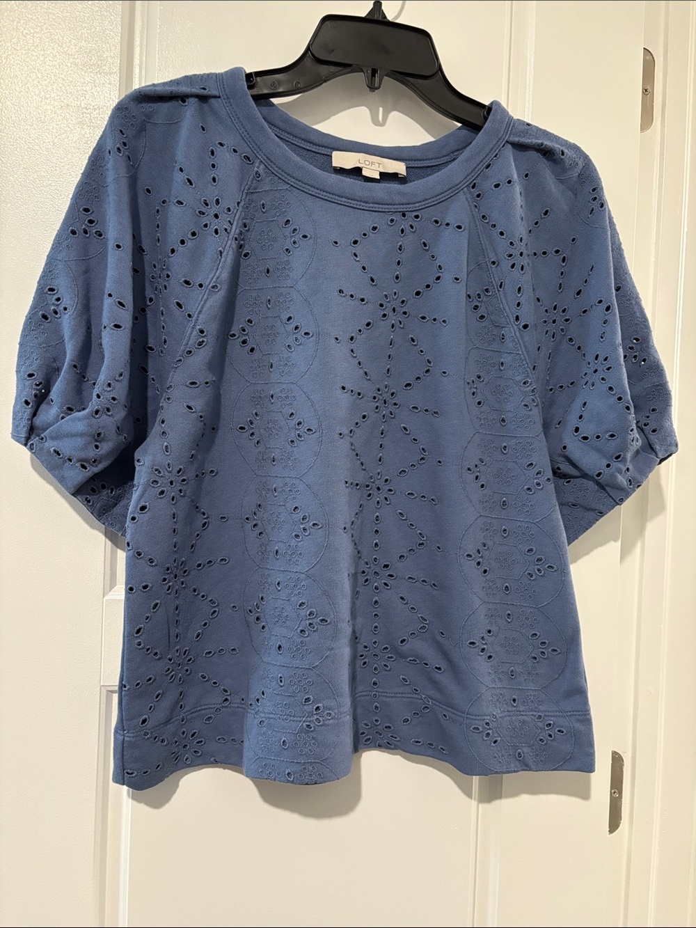 LOFT Blue Eyelet Cotton Short Sleeve Pullover